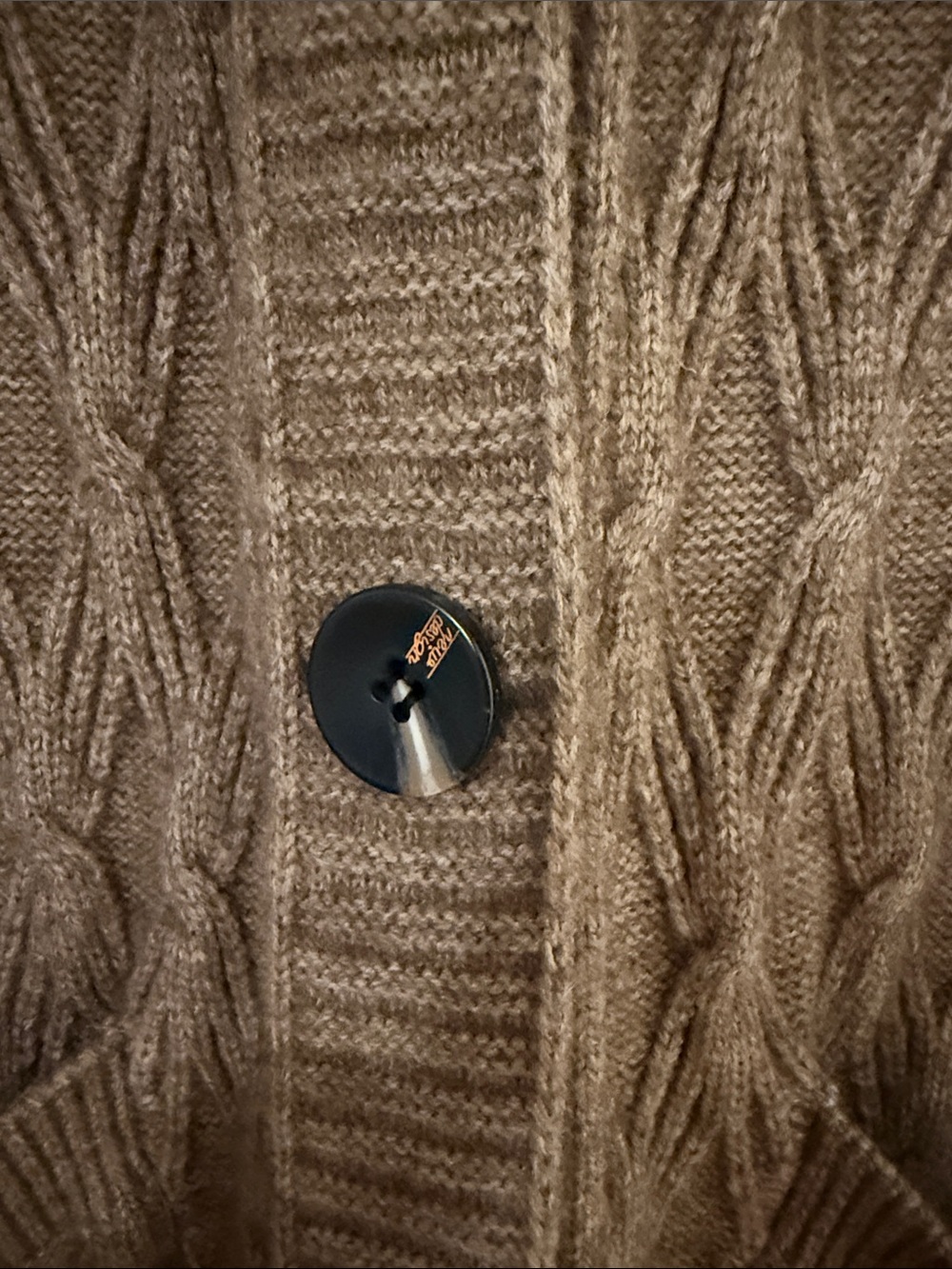 Button-Front Long Knit Cardigan with Denim Collar - Brown - Picture 5 of 6
